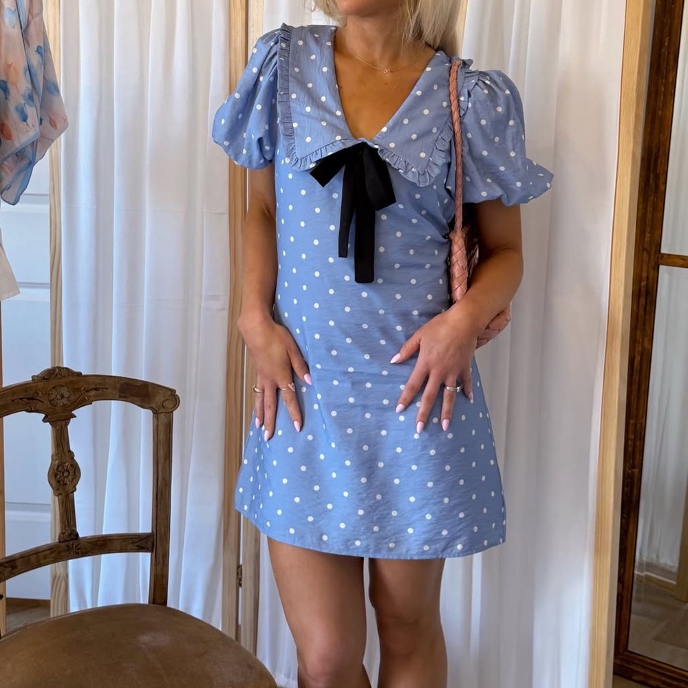 Blue Polka Dot Mini Dress with Puff Sleeves and Black Bow